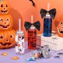 12 Sets Halloween Cup Gifts 14.2 oz Ghost Pumpkin Plastic Cup Tumblers with Lid Straw and Bow Reusable Coffee Mug for Halloween Kitchen Party Supplies(Simple Style)