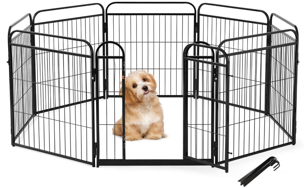 ZOMISIA Dog Play Pen Indoors - 8 Panels 24" Playpens Indoor Safety Design Without Stakes, Threshold Free Door Ease to Access, Portable Fence Ground Anchors for Outdoor, Yard and RV Camping