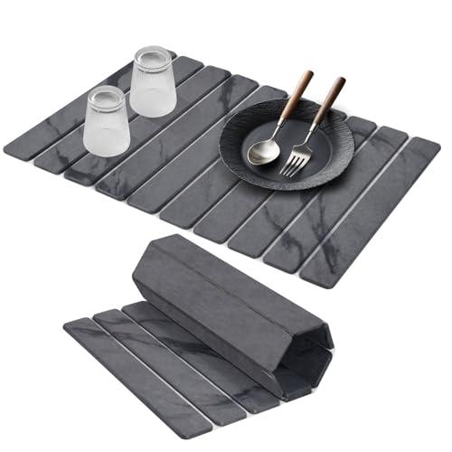 Large Stone Dish Drying Mats for Kitchen Counter, 24"(L)×16"(W) Marble-Pattern Dish Drying Mat, Eco-Friendly Absorbent Diatomaceous Earth Mats for Dishes Bottles Cups, Match Any Countertop - Dark Gray