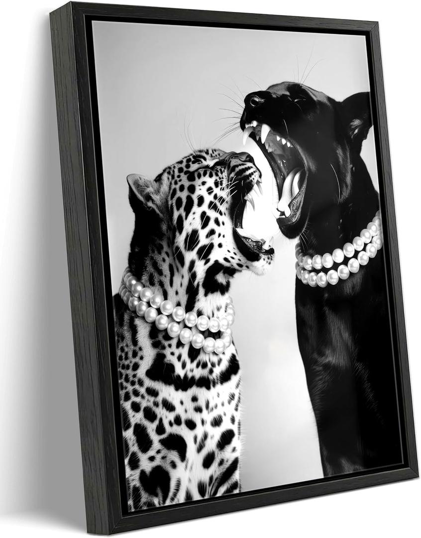Framed Fashion Leopard Canvas Wall Art Trendy Black White Cheetah Picture Wall Decor Luxury Feminist Poster Print for Girls Bedroom Dorm Bar Cart Home Decoration 16x24in