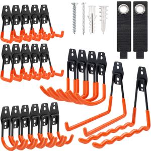 Heavy Duty Garage Hooks, 24 Pack Steel Wall Mount Storage Organizer with Anti-Slip Coating Garage Hook Set for Hanging Ladders, Bikes, Tools, Ropes, Coats (Orange)
