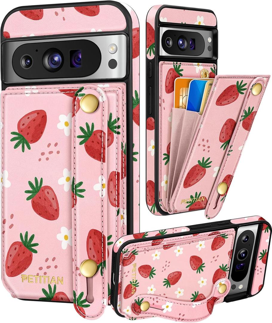 Petitian for Google Pixel 8Pro Case with Wallet - Women Girls Cute Girly Aesthetic Unique Design Leather Credit Card Holder Cardholder Stand Wristband for Pixel 8Pro, Strawberry