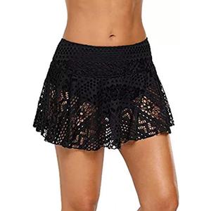 Lopie Women Lace Crochet Swim Skirt Bikini Bottom Swimsuit Board Shorts Skort Swimdress (Large, Black)