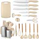 RAXCO Kitchen Set,18-Piece Silicone Cooking Utensils and Stainless Steel Chef's Knives,Khaki (Khiki)