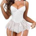 Women Sexy Lingerie Set Naughty Lace Up Corset Bodysuit Underwire Lingerie Babydoll With Garter Belt and Bow Tie (White)XL