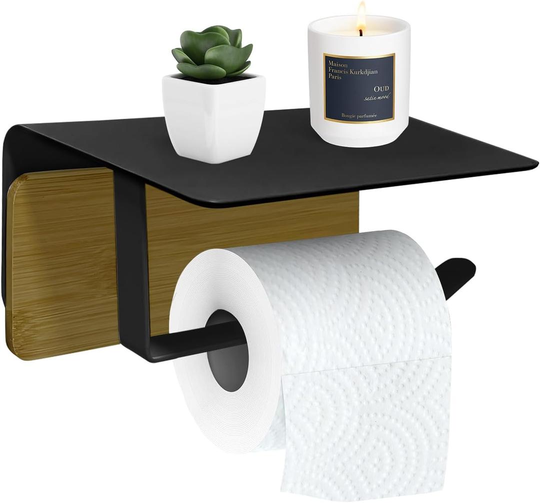 Toilet Paper Holder with Shelf Bamboo and Metal Toilet Tissue Roll Holder Wall Mounted Rustic Adhesive Toilet Paper Holder Tissue Holder for Bathroom (Black)
