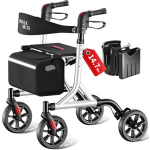 WALK MATE Rollator Walker for Seniors with Cup Holder, Upgraded Thumb Press Button for Height Adjustment, 8 Inch Wheels Walker with Seat Folding 14.7lb Lightweight Walking Aid, 300 lb Capacity, Silver