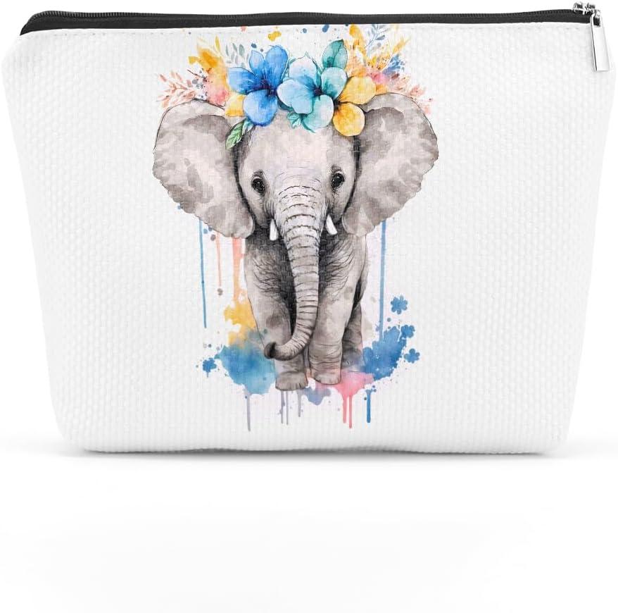 Floral Elephant Cosmetic Bag - Elephant Themed Animal Lover Gifts for Women - Makeup Bag & Travel Organizer - Mother's Day, Graduation & Birthday Gifts