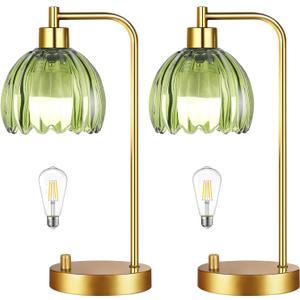 Green Table Lamp Set of 2,Small Glass Bedside Lamps Dimmable Boho Bedroom Lamp with Tulip Flower Lamp Shade,Gold Vintage Mid Century Modern Mini Nightstand Lamp for Bedroom Living Room