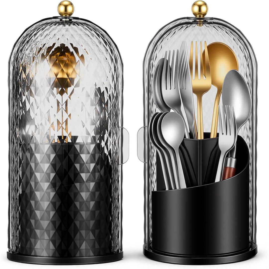 2 Pack 360 Rotating Silverware Organizer, Utensil Holder with Lid for Kitchen Counter Silverware Caddy with Drainage Dustproof Flatware Holder for Cutlery Spoon Fork (Diamond Black,3 Slot)