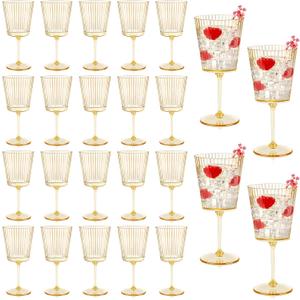 24 PCS Gold Ribbed Plastic Wine Glasses 13.5 OZ Ribbed Wine Glasses Detachable Wine Glass Elegant Fluted Glassware Vintage Style for Wedding Anniversary Birthday Dinner Parties