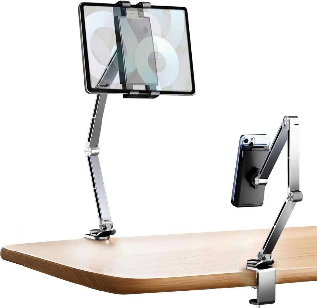 Tablet Stand Holder for Desk Aluminum Alloy Ipad Desk Mount Monitor with 360Rotate Base, Adjustable&Foldable Tablet Arm for 4.7"-15.6" Screen Phone,Kindle,Fire HD,Monitor (gray)