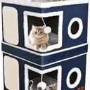 2-Story Cat House for Indoor Cats, Dual-Purpose Cat Cave Bed with Scratch Pad and Fluffy Ball, Foldable Cat Hideaway, Cute Cat Condo Furniture for Multi Small Pet Kitten, Blue (Double)