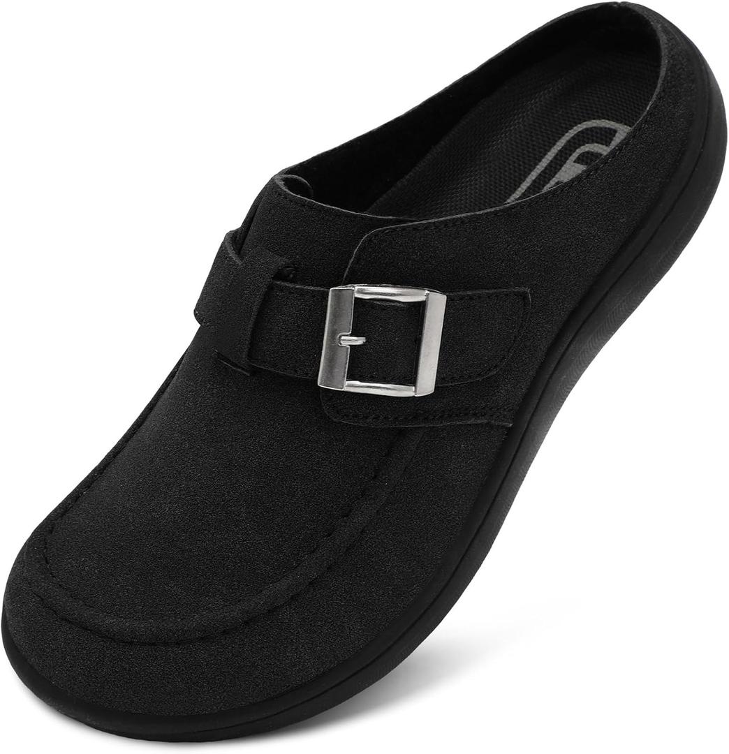 JOINFREE Women's Wide Suede Clogs Zero Drop Potato Shoes Diabetic Mules for Swollen Edema Comfort Slip on Clog Slippers with Adjustable Buckle Indoor & Outdoor Use (Black, 9.5)