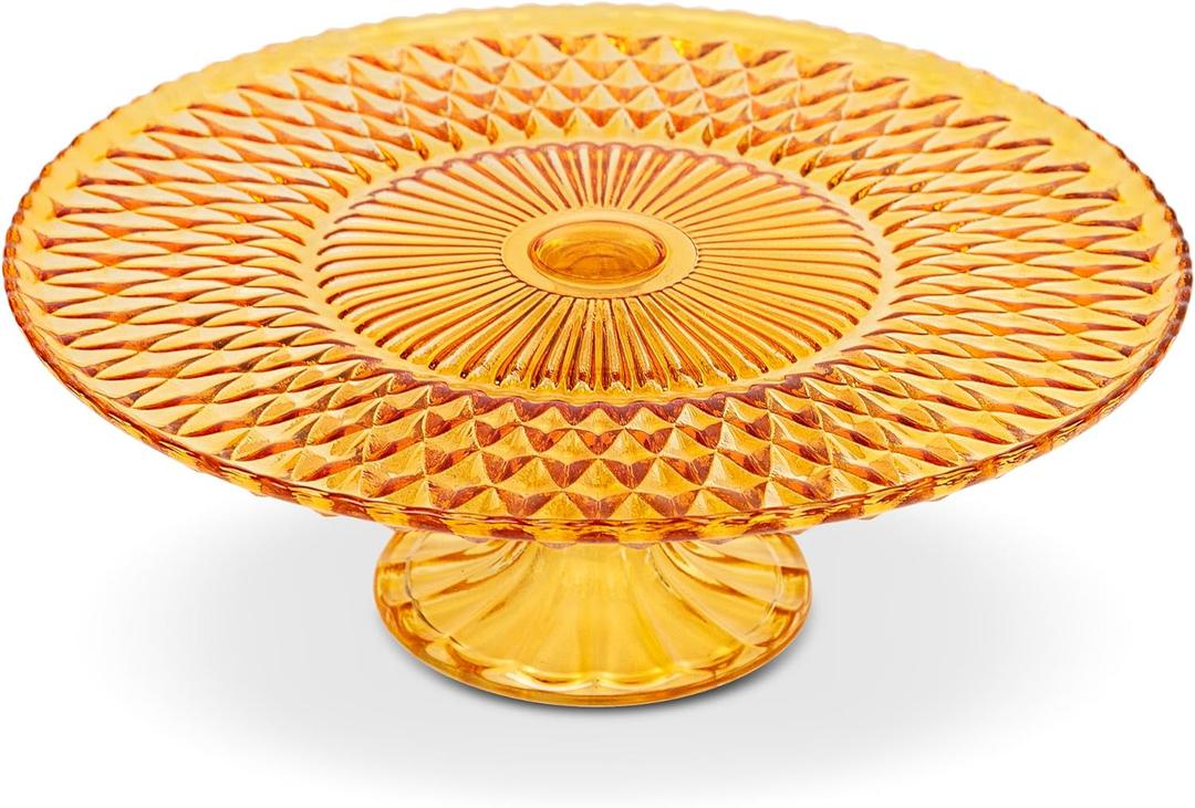 Amici Home Rochester Footed Glass Cake Stand | Round Vintage Style Cake Plate | Serving Platter for Cupcakes, Cookies | Dessert Display Stand for Parties, Weddings, and Gift (Amber)