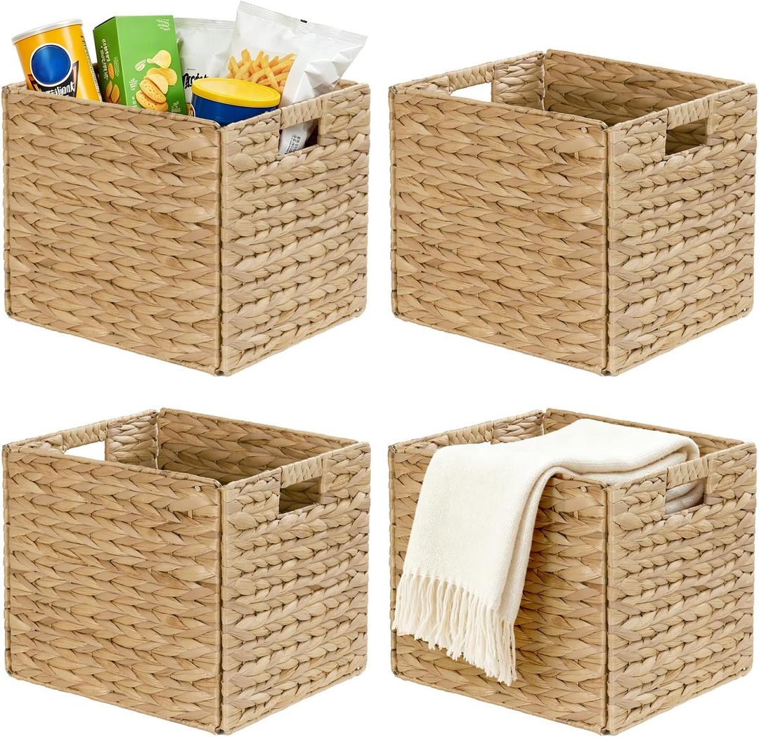 Rectangular Storage Baskets 13x11in, 4 Pack Water Hyacinth Wicker Bins with Handles, Foldable Natural Organizer for Shelves Kitchen Closet, Handwoven Storage Cubes