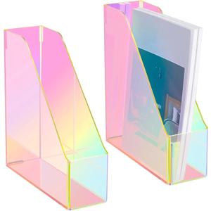 2 Pcs Iridescent Vertical Magazine File Holder Acrylic Magazine Holder Storage Organizer Plastic Clear Acrylic Rack for Office Classroom Home Document Paper Book Collection