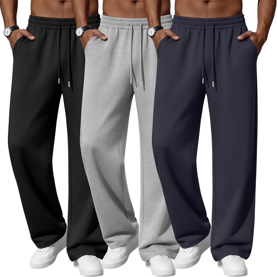 Neer 3 Pack Men's Lounge Pants Lightweight Open Bottom Baggy Sweatpants Casual Drawstring Joggers with 3 Pockets for Leisure (S)