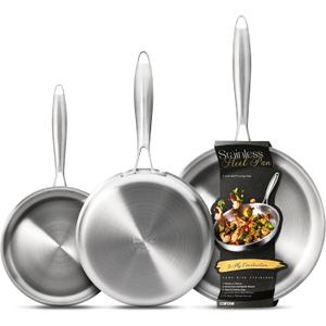 CAROTE 3-Piece Tri-Ply Stainless Steel Frying Pan Set, Skillet Set 8"/10"/12", Induction Compatible, Oven & Dishwasher Safe, Silver Handle