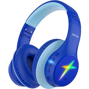 EarFun K4 Kids Bluetooth Headphones, Wireless Headphones with LED Lights, 74/85/94dBA Volume Limited, Built-in Mic, 90H Playtime, Bluetooth 5.4 Over Ear Headphone for iPad/Tablet/PC/School, Blue 