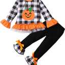 1-6T Toddler Girl Halloween Clothes Set Plaid Pumpkin T-Shirts Tees Pullover Shirts Tops+Flare Pants Outfit Set (Black,   2-3T )