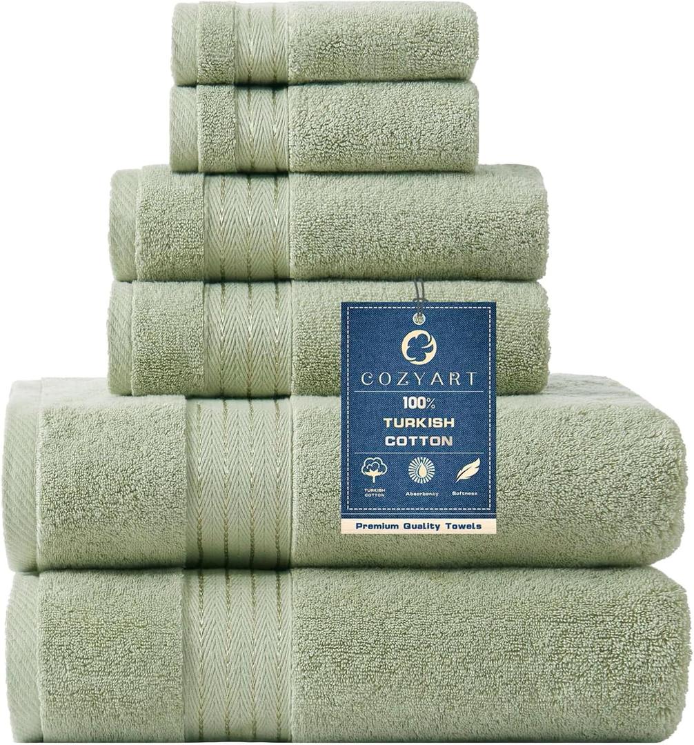 COZYART Sage Green Bath Towel Set for Bathroom Turkish Cotton Thick Soft Absorbent Durable 650 GSM Towel Sets of 6, 2 Large Bath Towels, 2 Hand Towels, 2 Washclothes, 6 Piece Towel Set