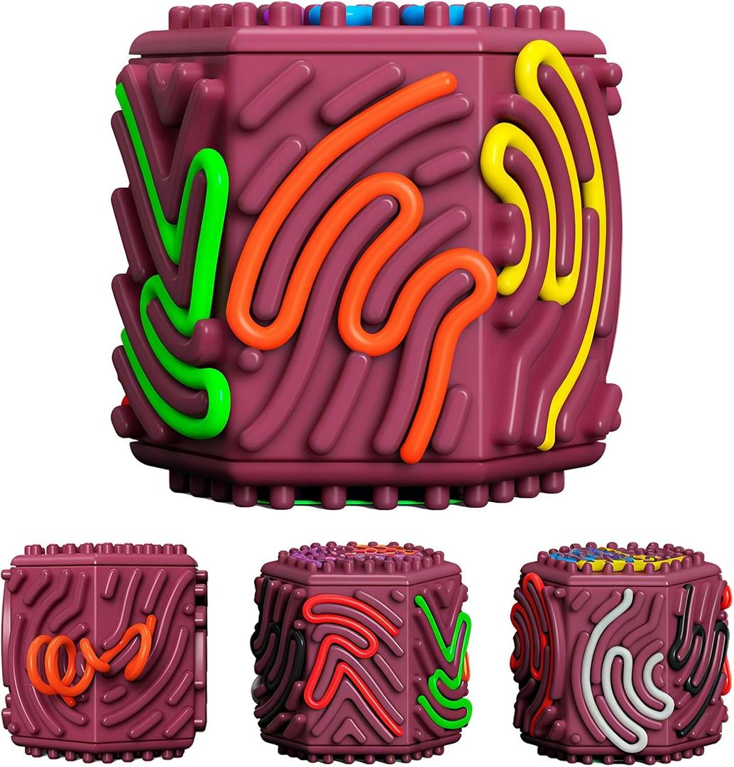Sensory Activity Cube with 10 Strings - Anxiety Relief Fidget Toy for Children/Adults, Autism ADHD Focus, Compact Stress Reducer for Travel (Red)