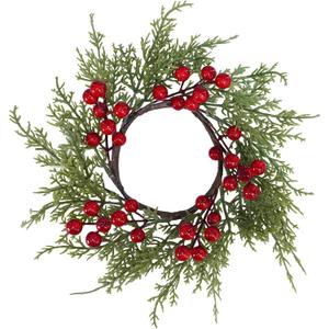 Winlyn 4 Pcs Artificial Cedar and Berry Candle Rings Christmas Candle Holder Wreath Rings Mini Wreaths Ornaments 13.4" Wide for Tabletop Decoration Winter Wedding Christmas Holiday Season
