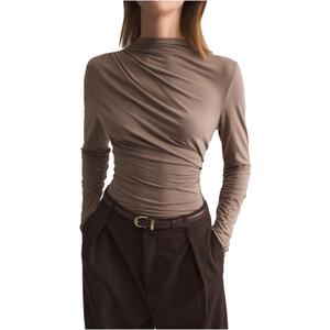 SHENHE Women's Mock Neck Long Sleeve Shirt Ruched Slim Fit Basic Trendy Top Going Out Tee (Medium, Coffee Brown)
