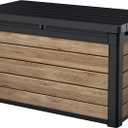 Keter Ashwood 100 Gallon Resin Deck Box Organization and Storage for Patio Furniture Outdoor Cushions, Throw Pillows, Garden Tools and Pool Toys, Brown