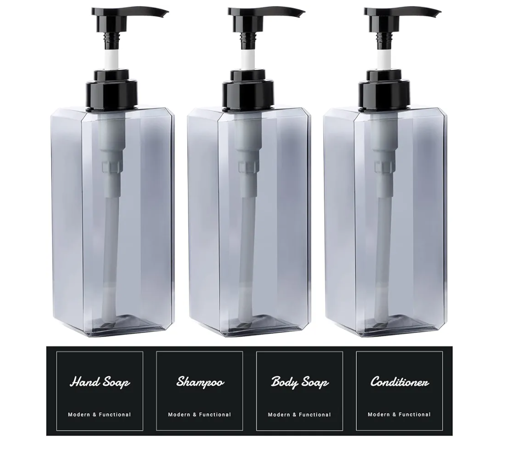 Suream 22oz Empty Plastic Bottles for Shampoo with Lables, 3Packs Bathroom Shower Containers, Refillable & Reusable Lotion Dispenser, Pump Press Bottles for Kitchen, Office, Hotel, Travel, SPA