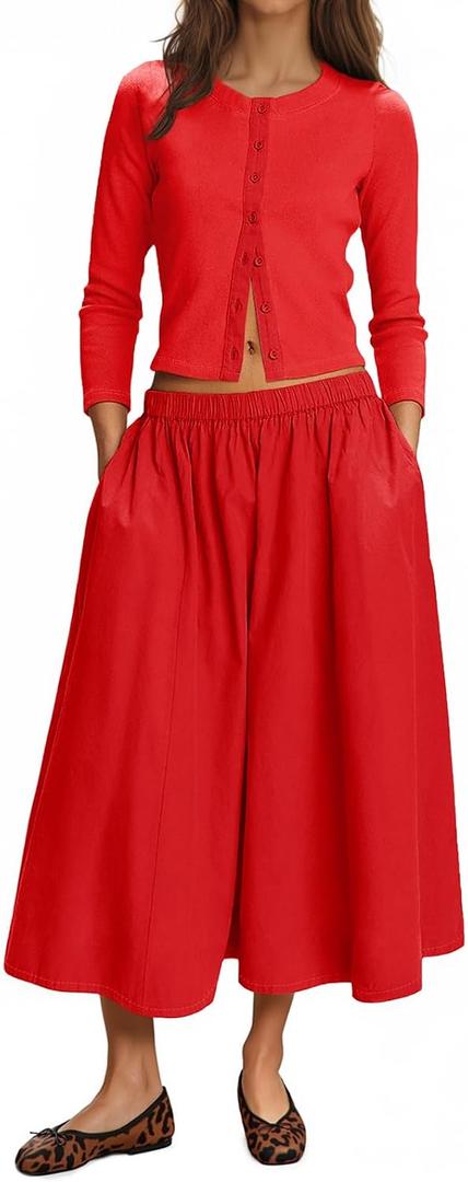 Tankaneo Womens 2 Piece Skirt Sets 3/4 Sleeve Knit Cardigan Elastic Waist Midi Skirt Outfits Casual Matching Dress Set (Red, M)