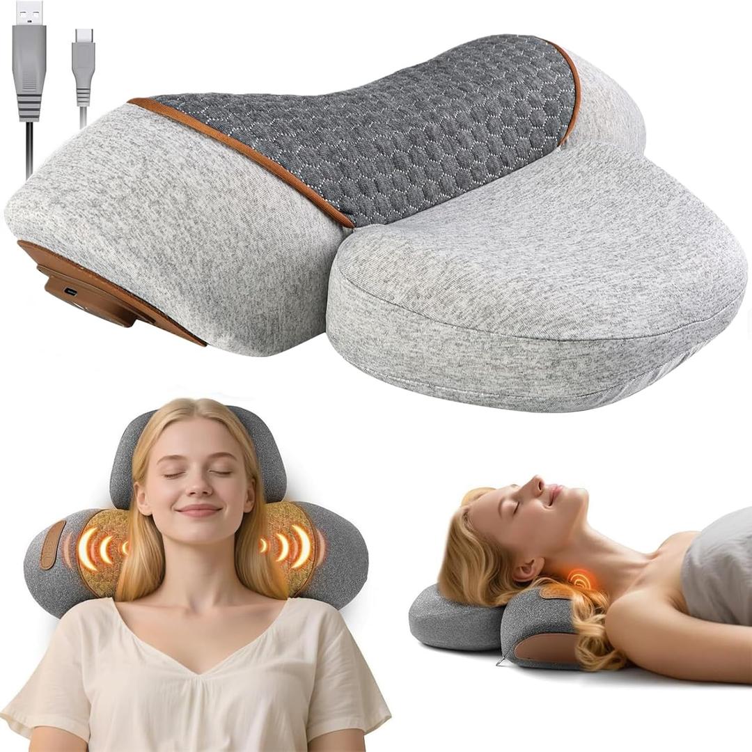 Pillow Massage Neck Hump 3-in-1 Massager Pillow with Heat, Deep Tissue Relief Neck Traction, Cervical Support Hump Corrector for Women and Men, Memory Foam Support Gray
