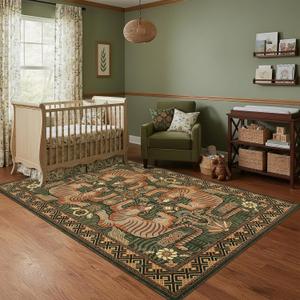 GarveeHome 4x6 Tiger Washable Area Rug for Kids Room, Boho Green Bedroom Rug Non Slip Low Pile Vintage Tribal Carpet Stain Resistant Throw Rug for Dorm Nursery Room Playroom Office Dining Room