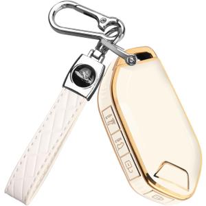 QBUC for Kia Key fob Cover,Soft TPU 360Car Key Case Protector with Leather Keychain Compatible with Kia Telluride 2023/2024 5 Buttons Smart Key (White) (Gold Edge - White)
