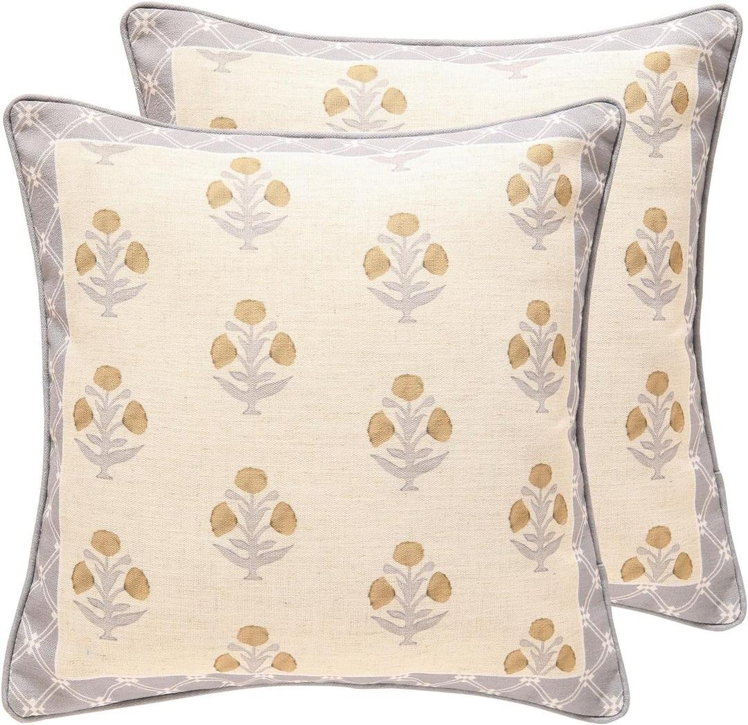 patdrea Designer Square Throw Pillow Covers Set of 2, Rustic Linen with Elegant Grey Blue Floral Pattern Pillows Cover, Decorative Pillowcases Cushion for Bed Living Room Outdoor Car, 18 x18 Inches