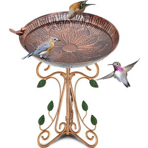 Gouisalin 13" Diameter Vintage Metal Bird Bath, Birdbaths with Cast Iron Pedestal, Large Antique Bird Feeder for Outdoors Garden Patio Decor (Copper Lotus)