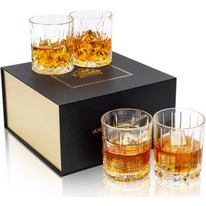 KANARS Whiskey Glasses Set of 4 - Multi Style Crystal Liquor Glasses 10 oz - Rocks Glass Barware For Scotch, Bourbon, Rum and Cocktail, Whisky Gifts for Men Dad Brother Adult