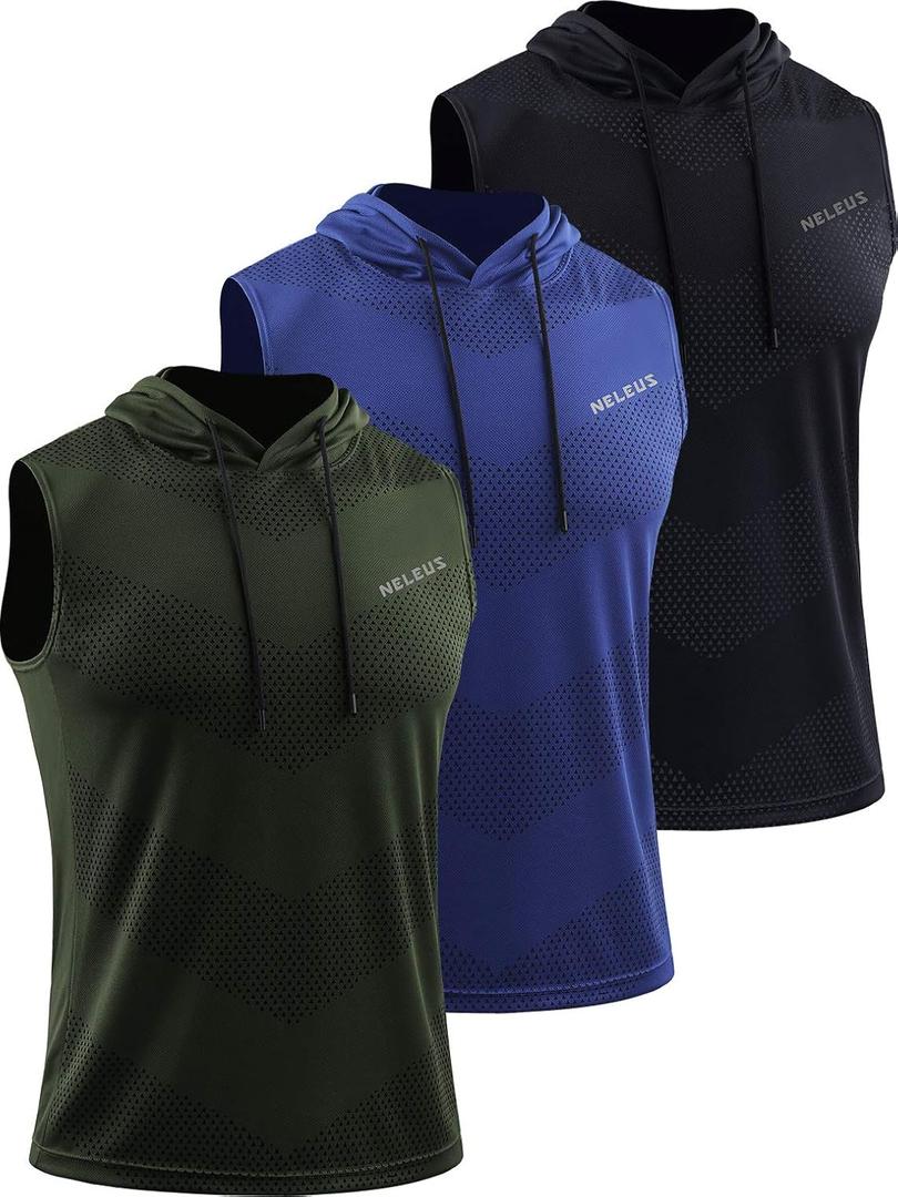 Neleus Men's Workout Tank Tops 3 Pack Sleeveless Running Shirts with Hoodie (X-Large, 5098# Black/Olive Green/Blue,3 Pack)