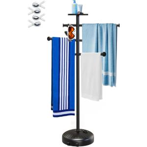 63 Inch Pool Towel Rack with Wheels for Indoor Outdoor Use, Towel Holder with Storage Tray, 6 Adjustable Bars Hot Tub Accessories, Free Standing Towel Rack for Pool, Spa, Hot Tub