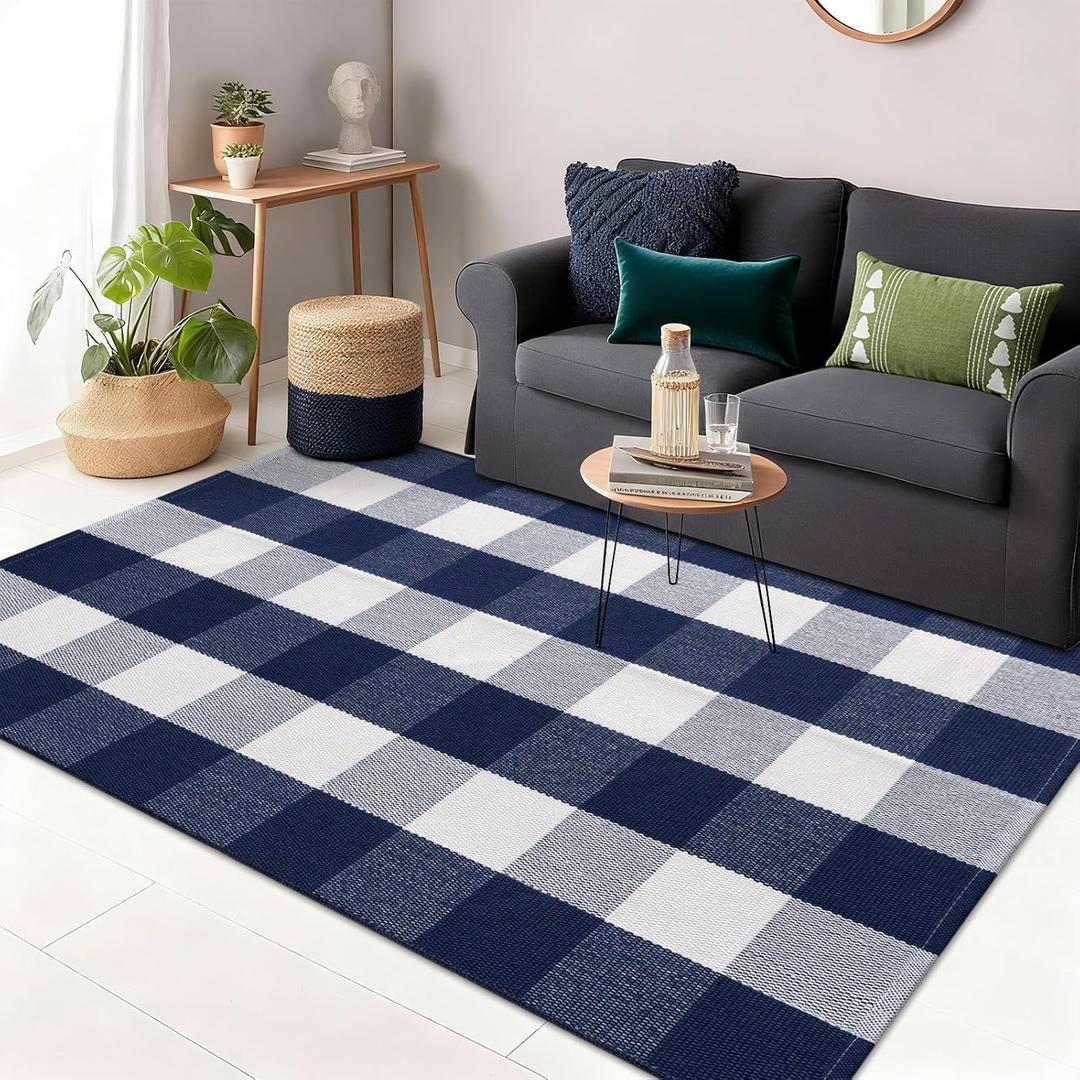 OLANLY Buffalo Plaid Rug 3' x 5'  Navy and White Cotton Checkered Doormat, Washable Indoor Outdoor Rug for Layered Front Porch, Kitchen, Entryway Decor