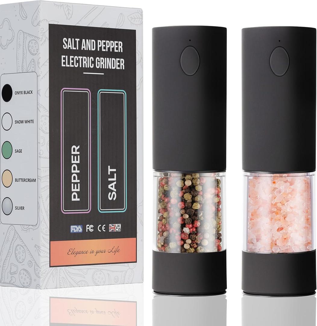 Electric Salt & Pepper Grinder Set (Pack of 2) USB Rechargeable, Adjustable Coarseness, One-Handed Operation with LED Light Automatic Spice Mill Shaker for Kitchen, Dining, or Camping (Large, Black)