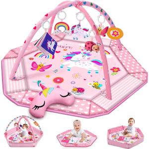 Unicorn Baby Gym Play Mat, 9-in-1 Tummy Time Mat with 7 Baby Toys, Washable Baby Activity Mat for Visual, Sensory, Motor Development, Newborn Baby Toys Gift for Toddler 0-3-4-6-9-12 Months (Pink)