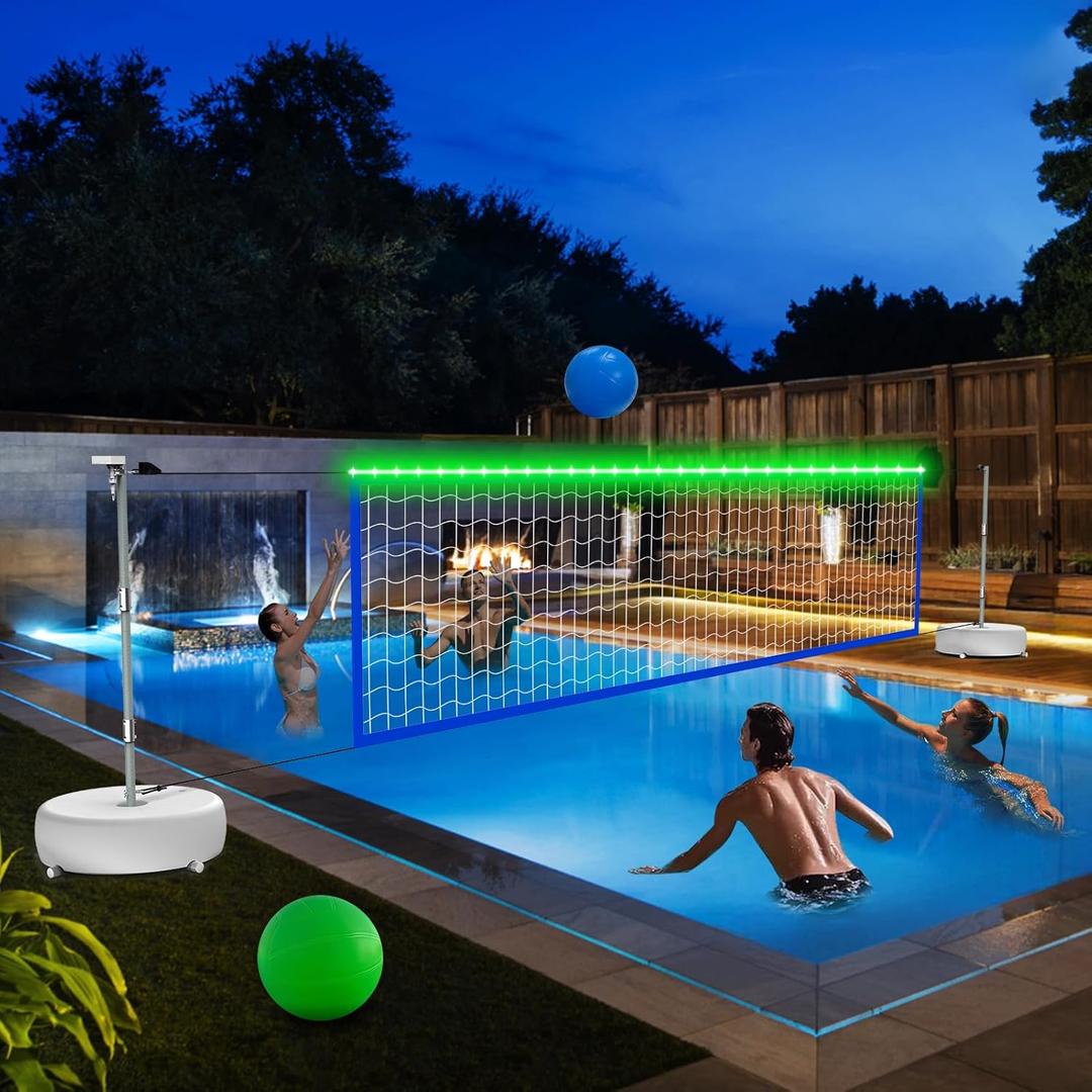 Pool Volleyball Net Set with LED Lights, Solar Powered Volleyball Net with Adjustable 15ft-32ft Length for Inground Pools, Portable Water Volleyball Game Toy with 2 Balls & Pump for Pool Entertainment