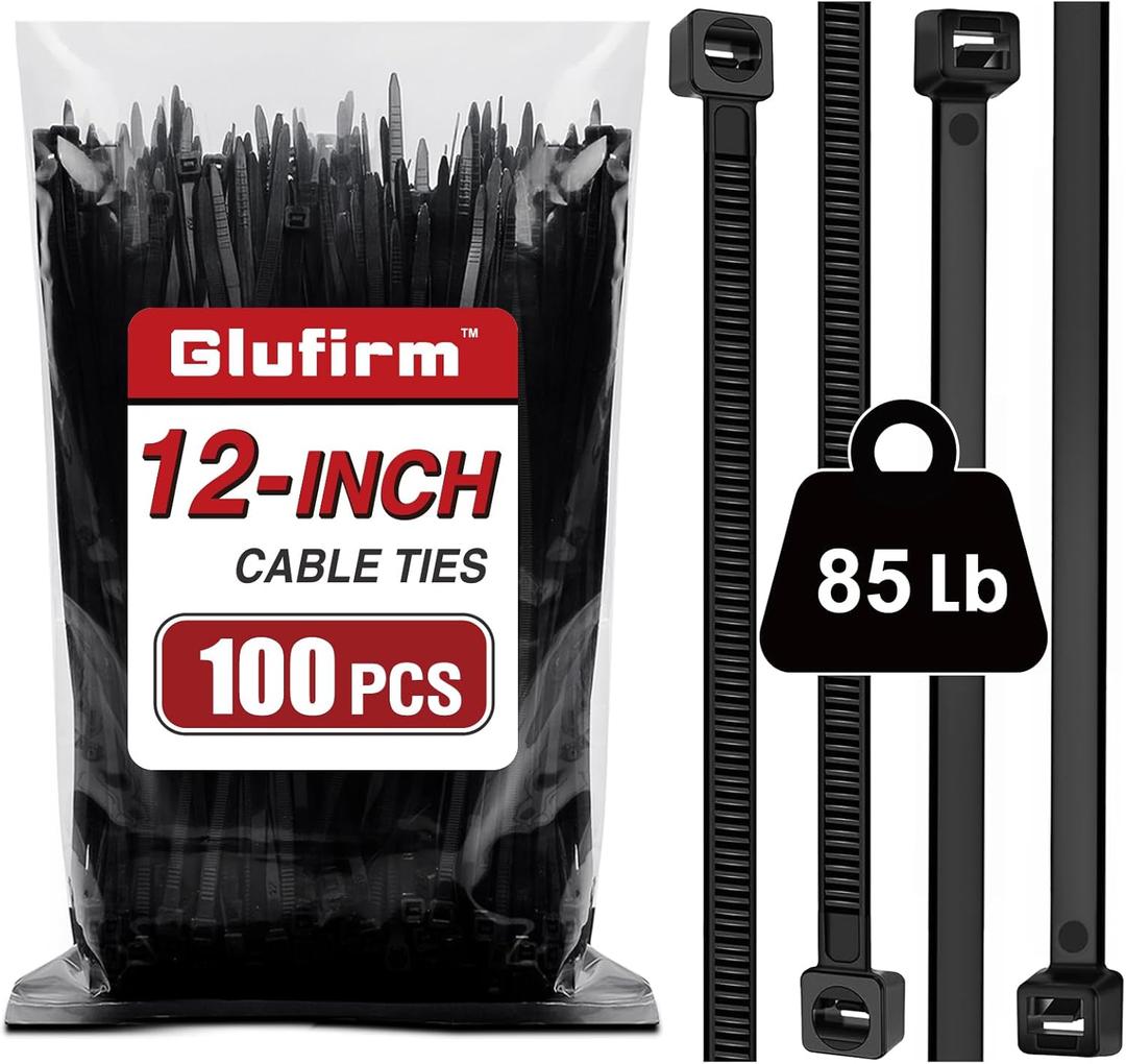 Zip Ties 12 inch (100 Pack), Double-sided Toothed, 85 lb, Delivering 1.7X Tensile Strength in the Same Specs, Black Cable Ties, Heavy Duty Wire Ties, Glufirm