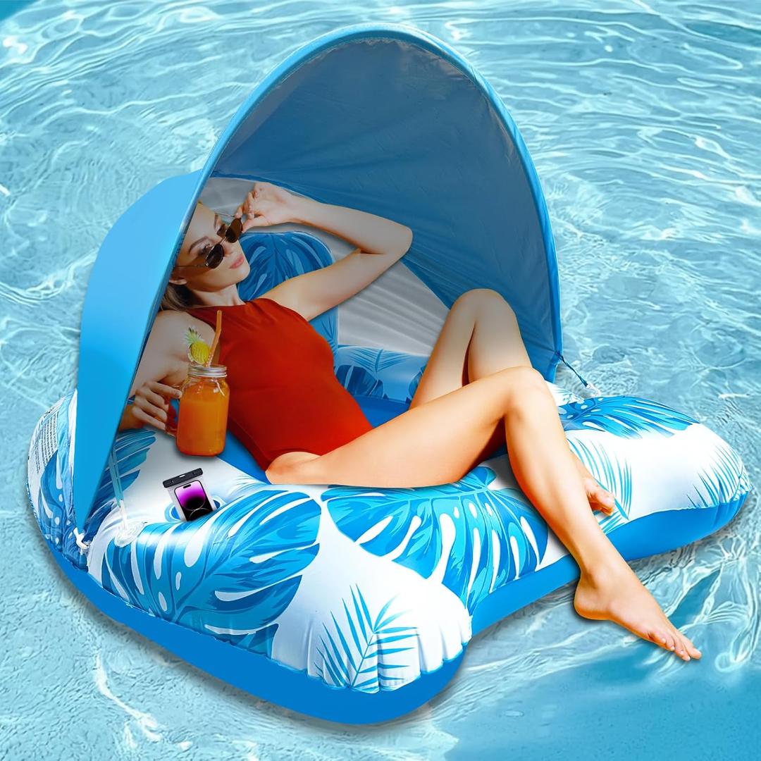 AMENON XL Pool Floats Chair, Pool Float Adult with Adjustable Canopy Mesh Seat & Backdrest, Pool Floaties for Adults Heavy Duty, Inflatable Tanning Pool Chair Lounger with 2 Cup Holder Pool Lake Beach (Blue)