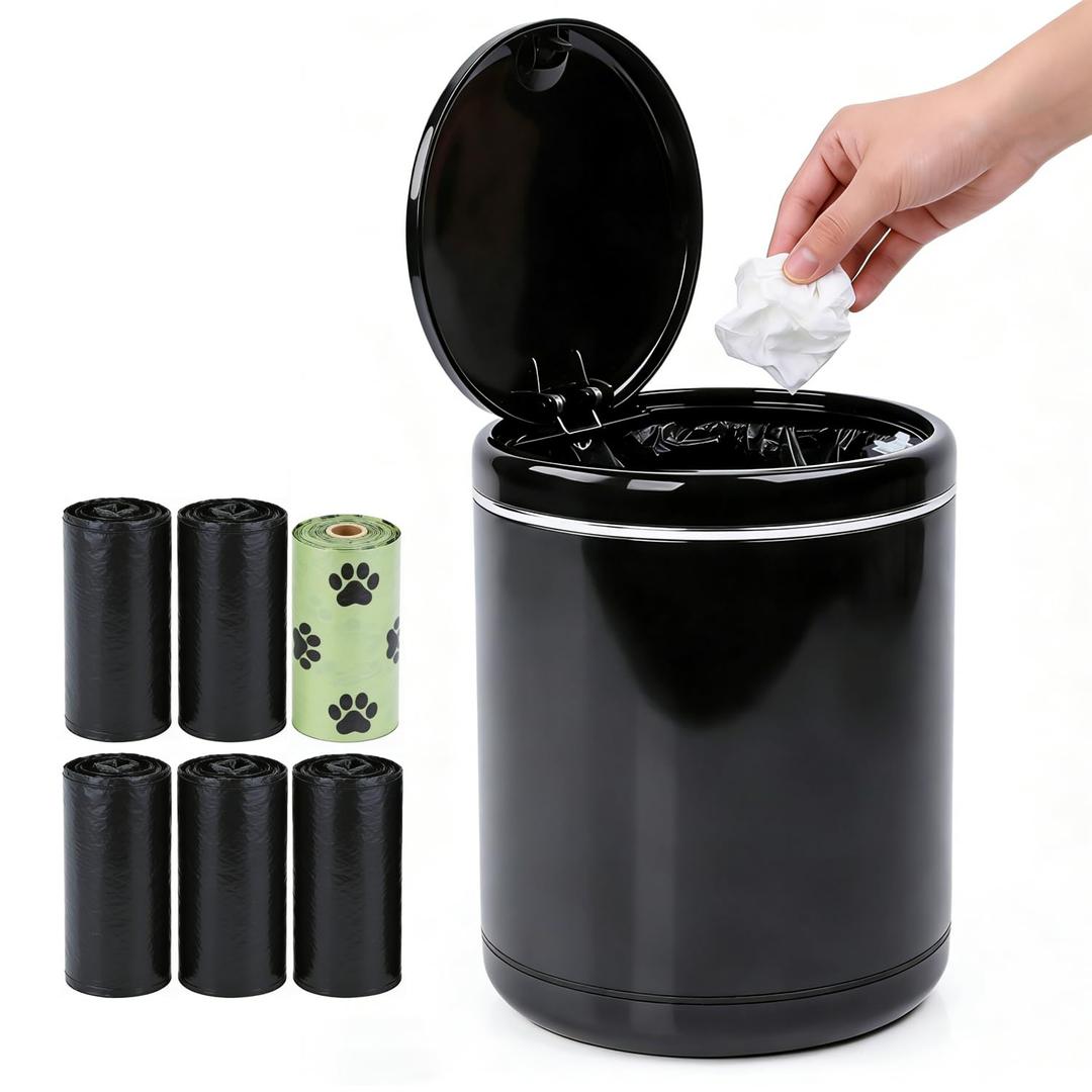 Mini Trash Can for Desk with 5 Rolls of Trash Bags, Small Press-Top Full Lid Design Countertop Garbage Bin, Removable Plastic Waste Basket for Bedroom,Kitchen,Office,Garage, Camping(Black)