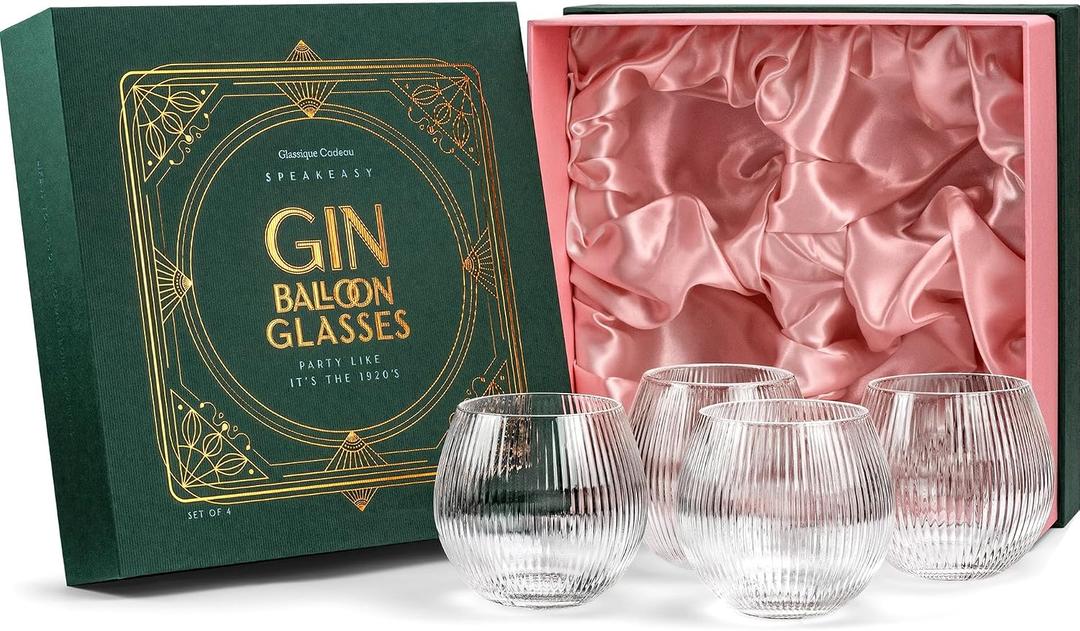 GLASSIQUE CADEAU Vintage Art Deco Gin and Tonic Balloon Glasses | Set of 4 | 13.5 oz Stemless Crystal Copas for Drinking Gin Cocktails | Retro Gift Goblets for Gin Lovers | Bubble Cups for Bar Drinks