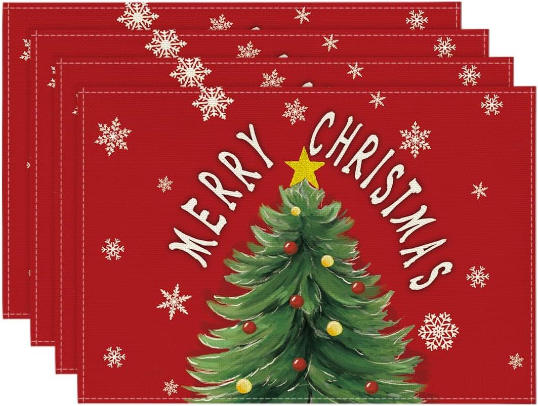 Artoid Mode Red Xmas Pine Snowflake Merry Christmas Placemats for Dining Table, 12 x 18 Inch Seasonal Winter Washable Table Mats Set of 4