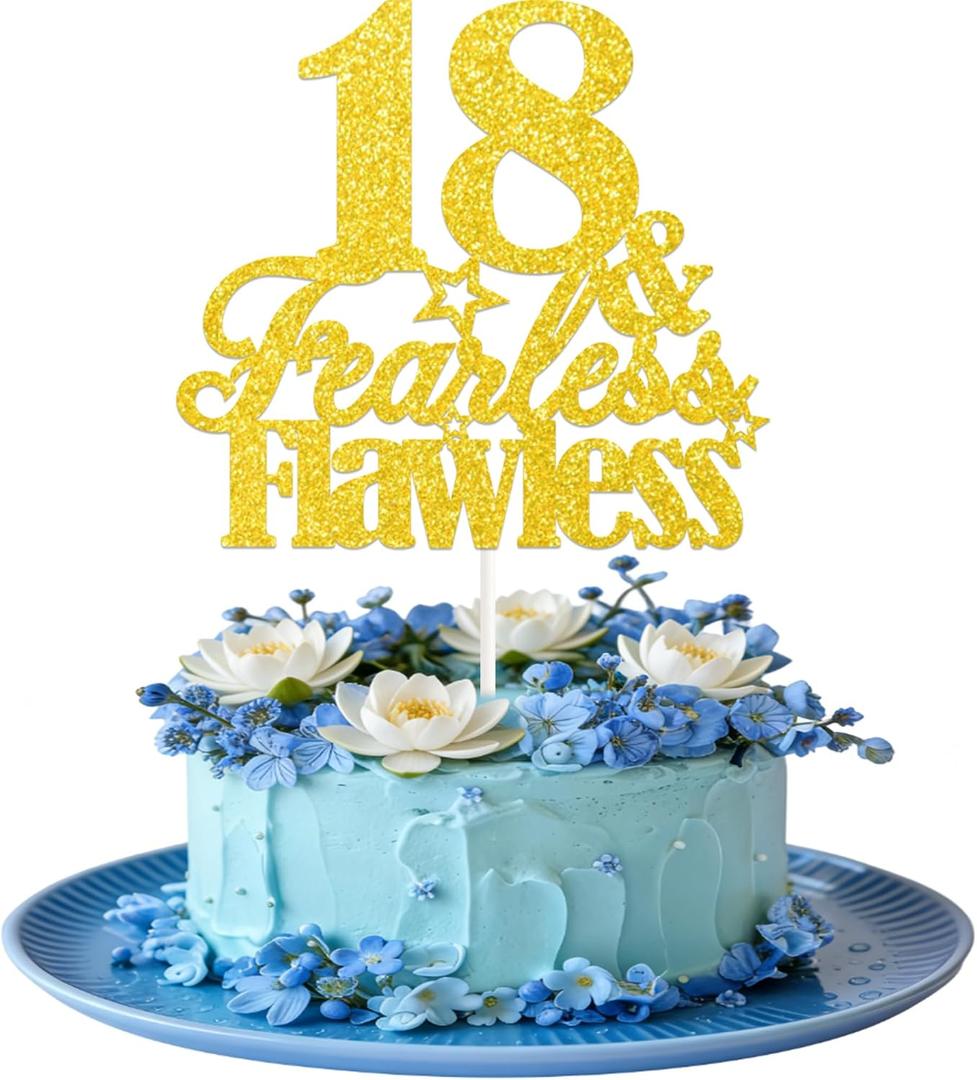 18th Birthday Cake Topper Happy 18th Birthday Party Decorations Gold Glitter 18 & Fearless Flawless Theme Cake Topper 18th Birthday Cake Decor for Girls & Boys